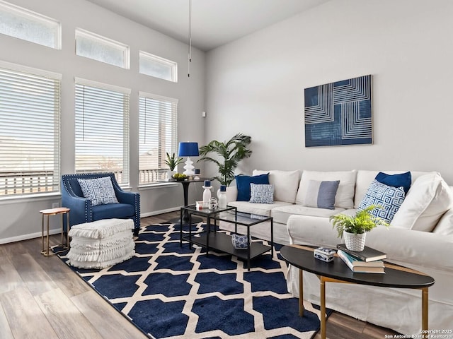 living room with plenty of natural light and wood-type flooring