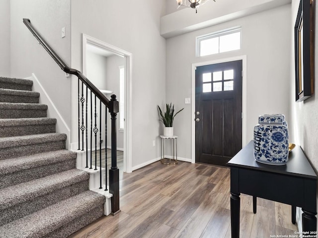 foyer with a towering ceiling and wood-type flooring