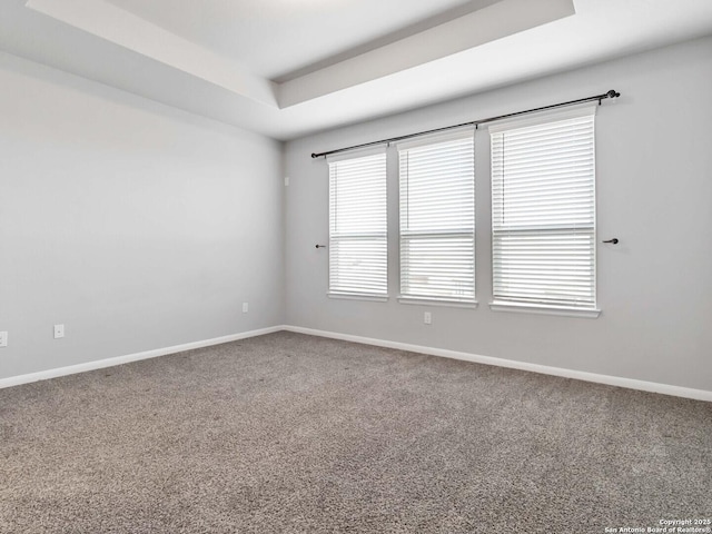 carpeted empty room with a raised ceiling