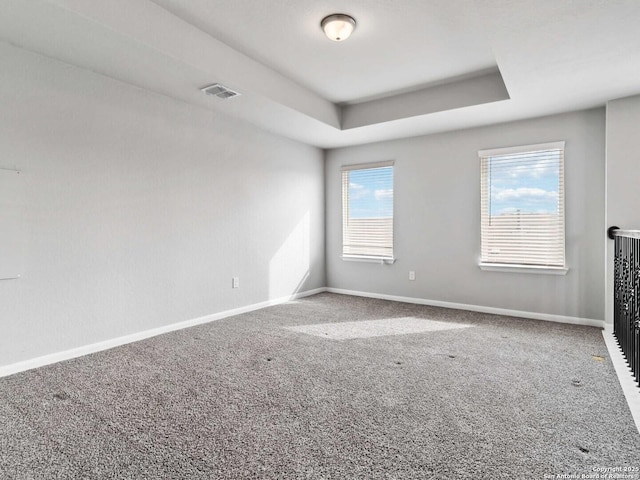 carpeted empty room with a tray ceiling