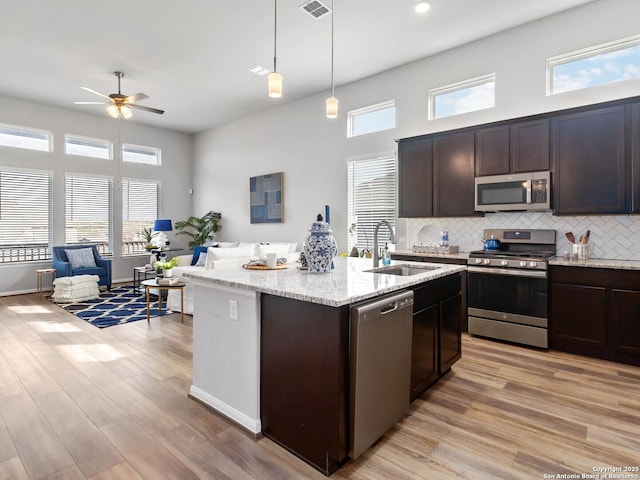 kitchen with a center island with sink, appliances with stainless steel finishes, pendant lighting, decorative backsplash, and sink