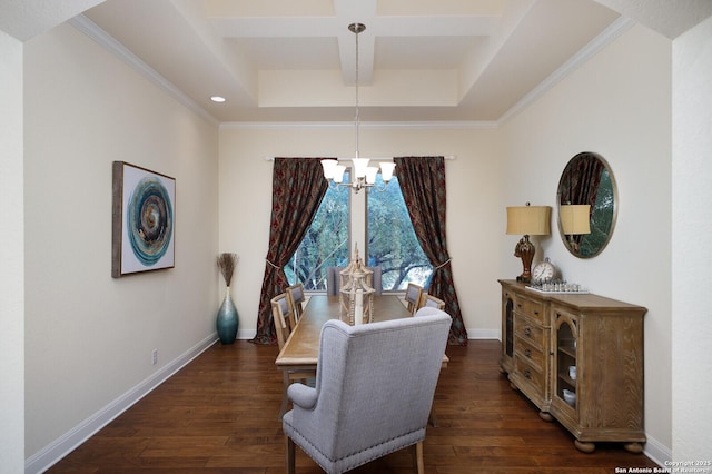 dining area with coffered ceiling, ornamental molding, dark hardwood / wood-style flooring, beam ceiling, and an inviting chandelier