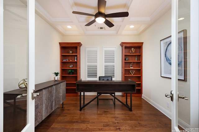 office area with coffered ceiling, french doors, ceiling fan, and beamed ceiling