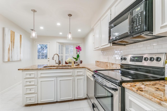 kitchen with sink, stainless steel electric range oven, white cabinets, and kitchen peninsula