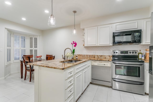 kitchen with sink, white cabinets, dishwasher, kitchen peninsula, and stainless steel electric range