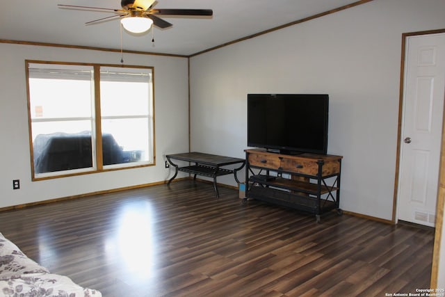 living room with ceiling fan, crown molding, and dark hardwood / wood-style floors