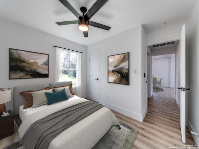 bedroom featuring ceiling fan and light wood-type flooring