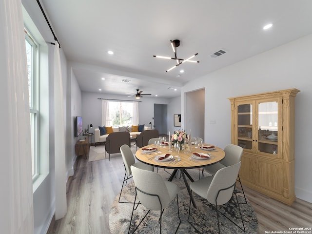 dining room featuring ceiling fan with notable chandelier and light hardwood / wood-style flooring