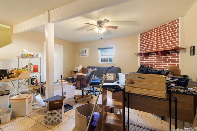 tiled office space with ceiling fan, beamed ceiling, and an AC wall unit