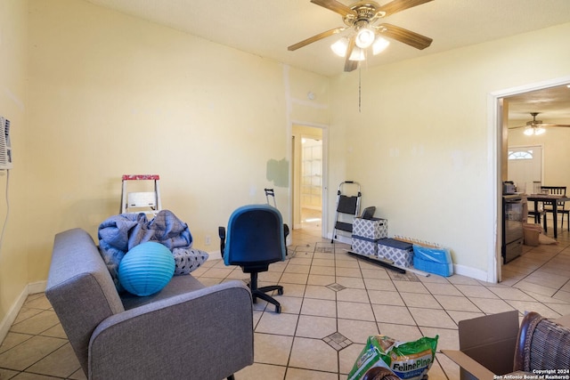 tiled home office with ceiling fan