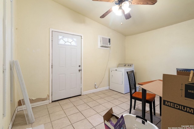 washroom with washer / dryer, a wall mounted AC, ceiling fan, and light tile patterned floors