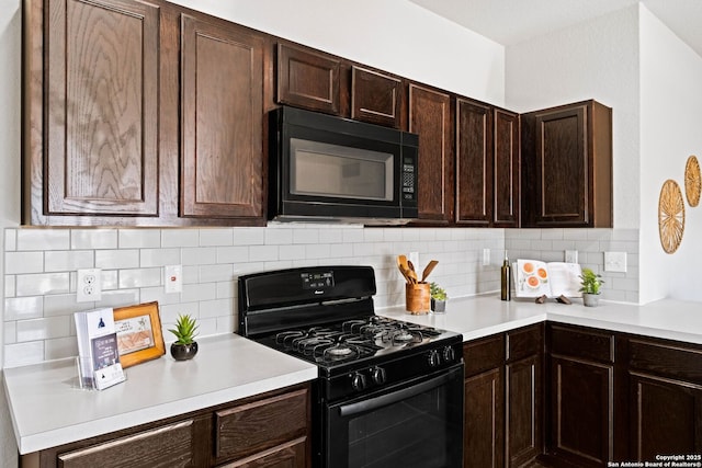 kitchen with tasteful backsplash, black appliances, and dark brown cabinets