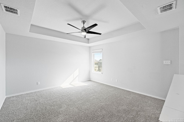 spare room featuring a raised ceiling, ceiling fan, and carpet