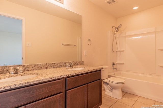 full bathroom with toilet, tile patterned flooring, shower / bathtub combination, and vanity