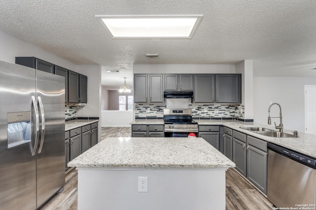 kitchen featuring appliances with stainless steel finishes, decorative backsplash, a kitchen island, and sink