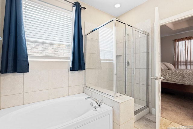 bathroom with tile patterned flooring and plus walk in shower