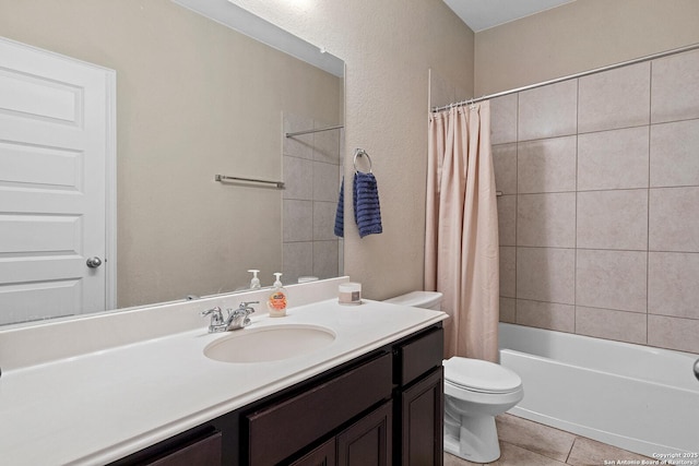 full bathroom with shower / tub combo, tile patterned flooring, vanity, and toilet