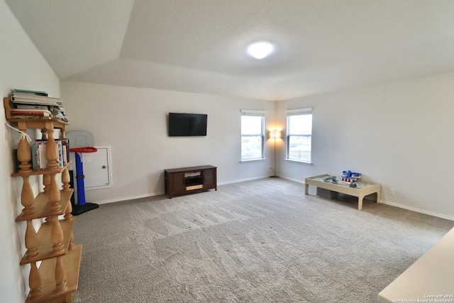 interior space with vaulted ceiling and carpet flooring