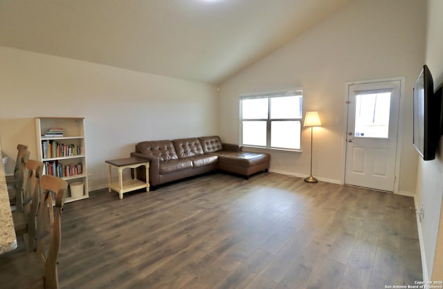 living room with hardwood / wood-style floors and high vaulted ceiling