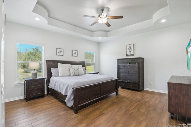 bedroom featuring a raised ceiling, ceiling fan, and dark hardwood / wood-style flooring