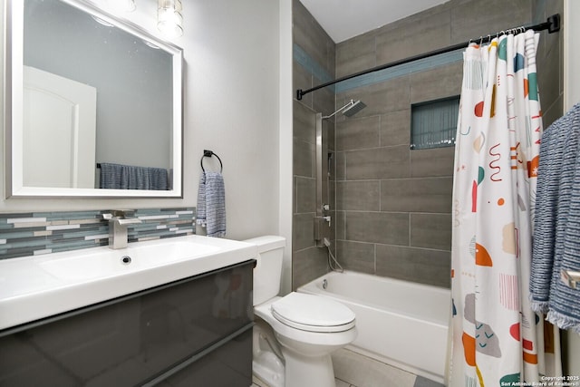 full bathroom with shower / tub combo, backsplash, vanity, and toilet