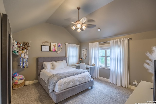 carpeted bedroom with lofted ceiling and ceiling fan