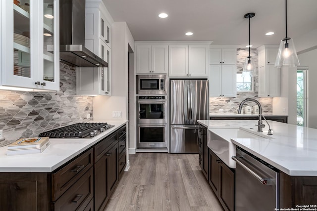 kitchen featuring appliances with stainless steel finishes, hanging light fixtures, light hardwood / wood-style floors, wall chimney exhaust hood, and sink