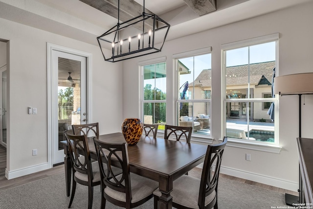 dining space with a healthy amount of sunlight, a notable chandelier, and hardwood / wood-style flooring