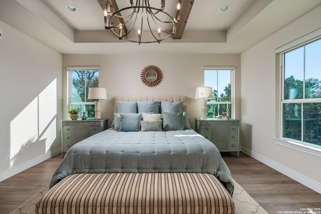 bedroom featuring wood-type flooring, a tray ceiling, and a notable chandelier