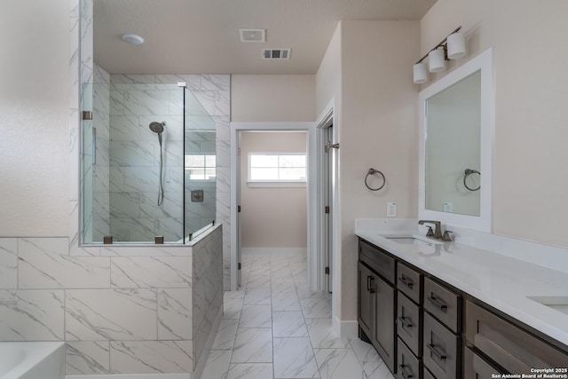 bathroom with plus walk in shower and vanity