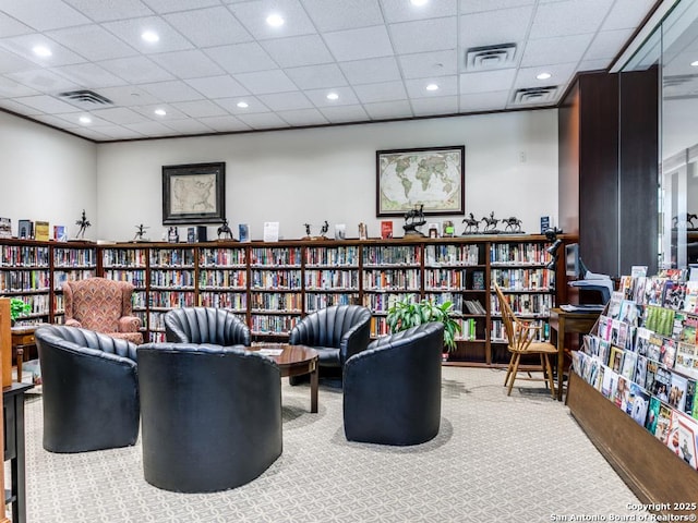 living area featuring a paneled ceiling and carpet flooring