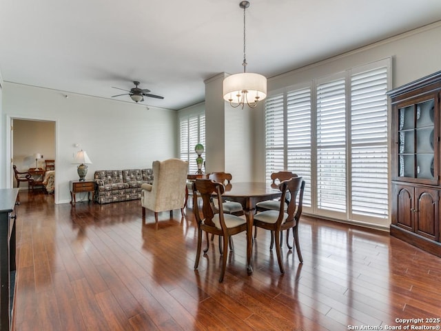 dining space with dark hardwood / wood-style flooring and ceiling fan with notable chandelier