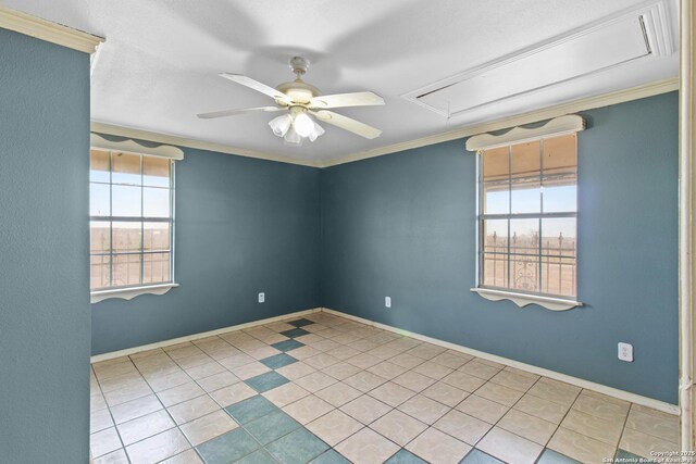 tiled spare room featuring ornamental molding and ceiling fan