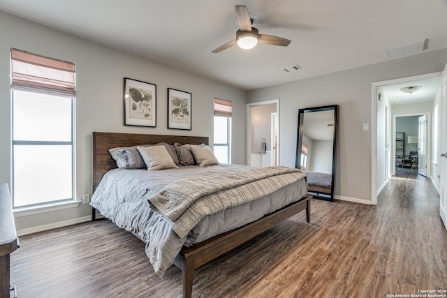 bedroom featuring wood-type flooring and ceiling fan