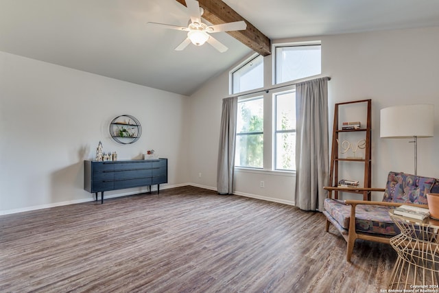 living area with wood-type flooring, lofted ceiling with beams, and ceiling fan