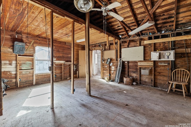 miscellaneous room with high vaulted ceiling and ceiling fan