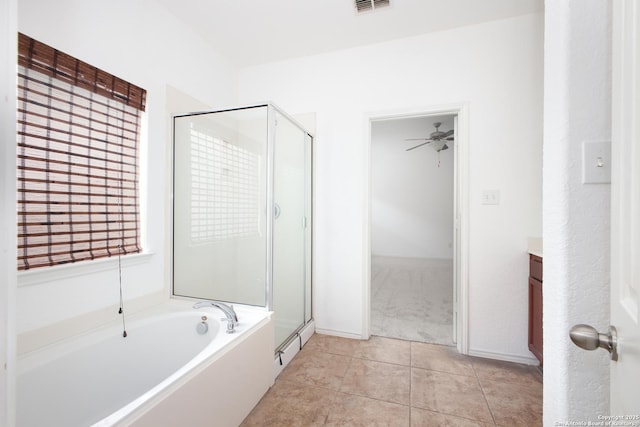 bathroom featuring vanity, tile patterned floors, ceiling fan, and separate shower and tub