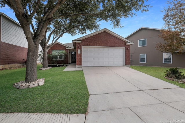 ranch-style home with a front yard and a garage