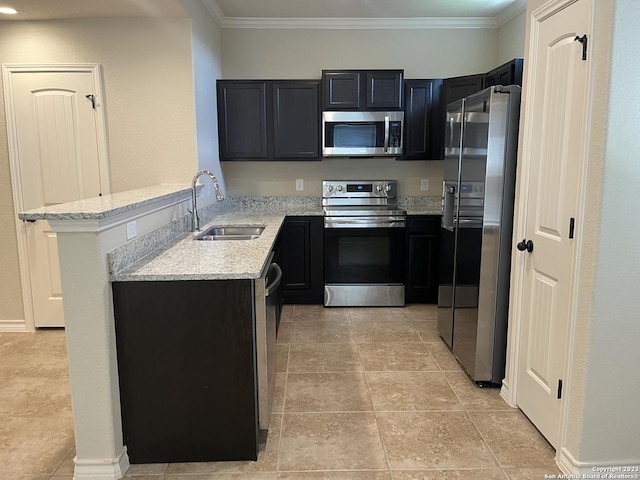 kitchen featuring appliances with stainless steel finishes, crown molding, kitchen peninsula, light stone countertops, and sink