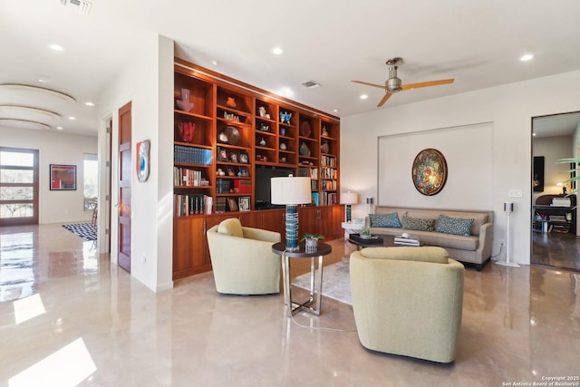 living room featuring ceiling fan