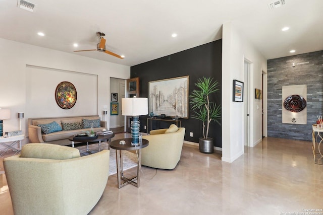 living room with ceiling fan