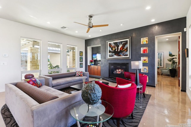 living room featuring ceiling fan