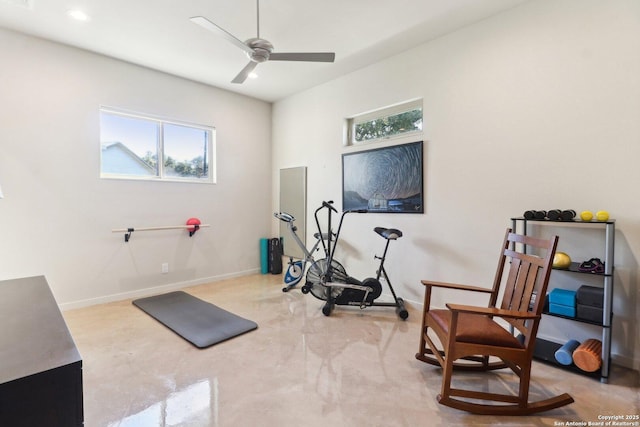 workout area featuring ceiling fan