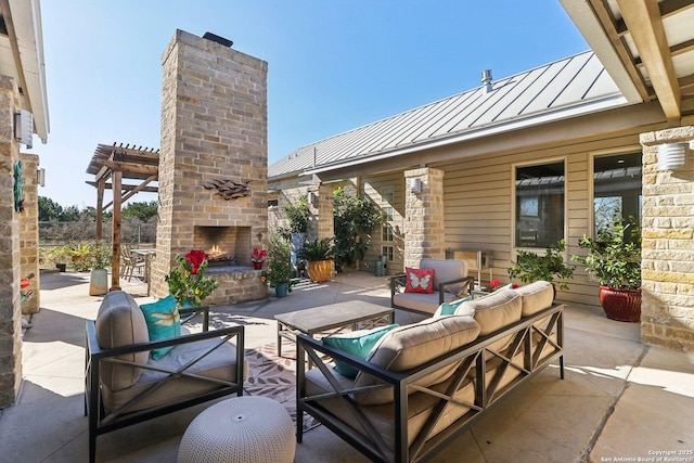 view of patio featuring a pergola and an outdoor living space with a fireplace