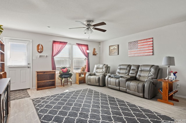 living room with ceiling fan and hardwood / wood-style flooring