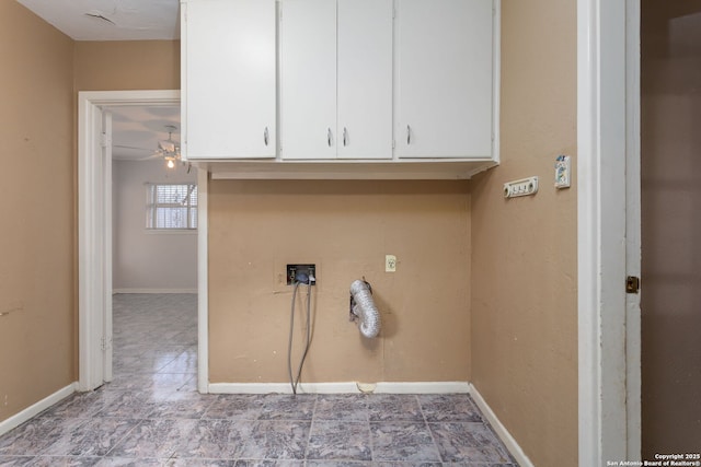 laundry area with ceiling fan, cabinets, and hookup for a washing machine