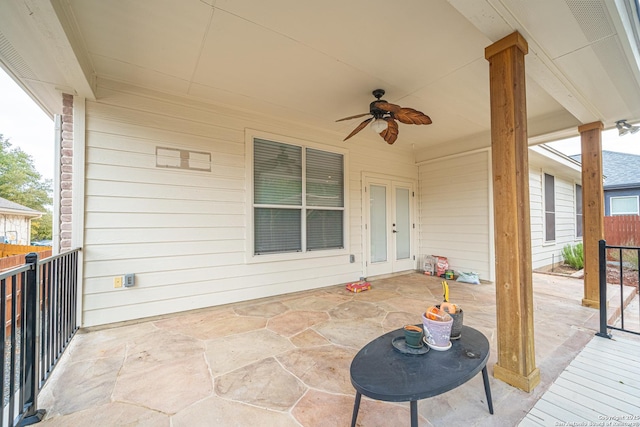 view of patio / terrace featuring ceiling fan and a balcony