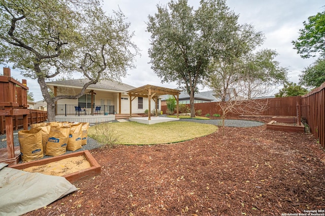 view of yard featuring a pergola, a patio, and ceiling fan