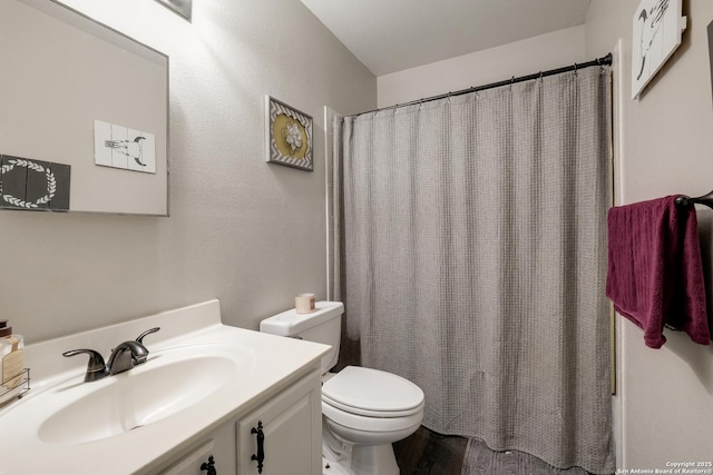 bathroom with toilet, a shower with shower curtain, and vanity