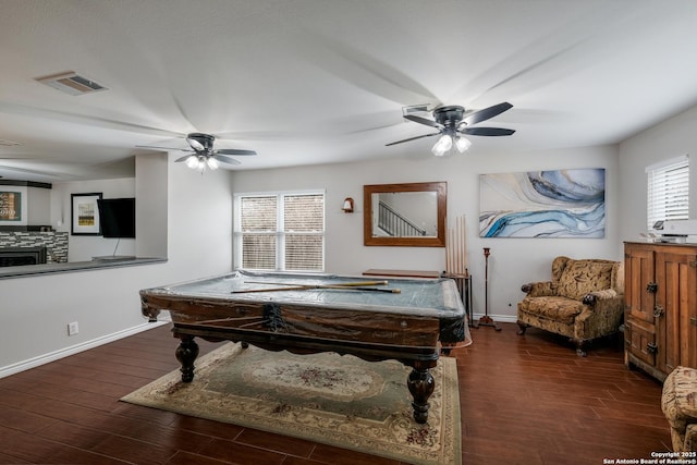 playroom with pool table, dark wood-type flooring, and plenty of natural light